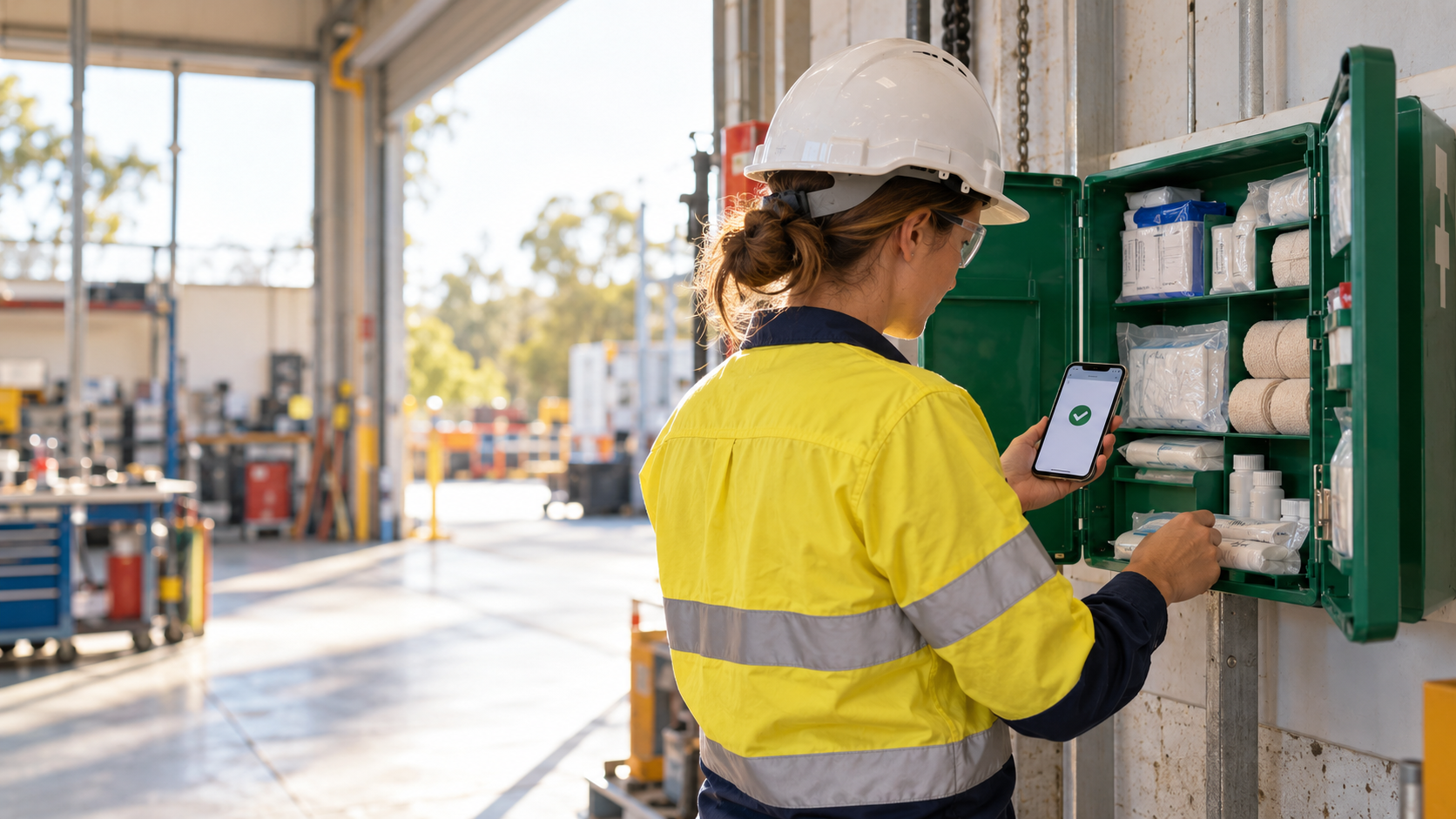 A site worker checking a first-aid kit